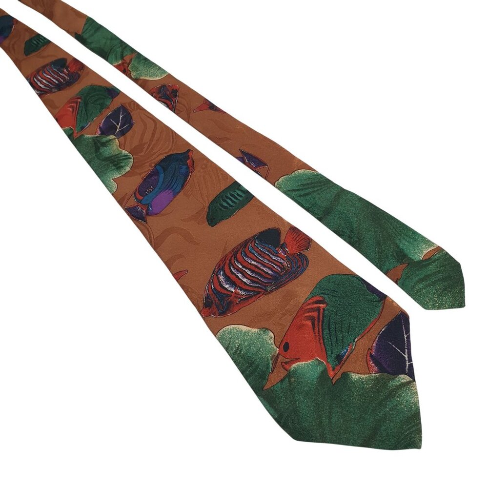 Vintage Je Suis Tropical Fish Pattern Silk Tie Brown Green Men Designer Nautical